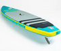 3/4 rear view of the Ray Air Premium inflatable stand up paddle board with fin