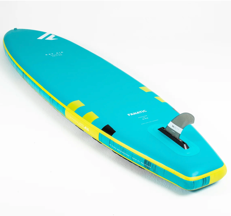 view of the under side of the Ray Air Premium inflatable paddle board with fin