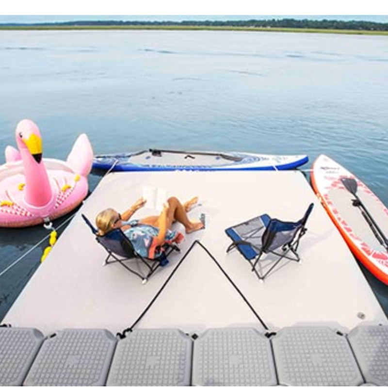  Woman enjoying the Solstice, 10'x 8' Inflatable Dock.