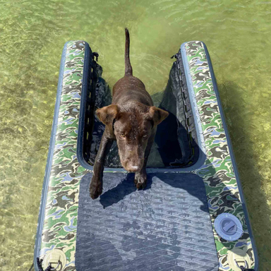 Dog enjoying the Solstice Water Sports Pup Plank Sport XL inflatlble