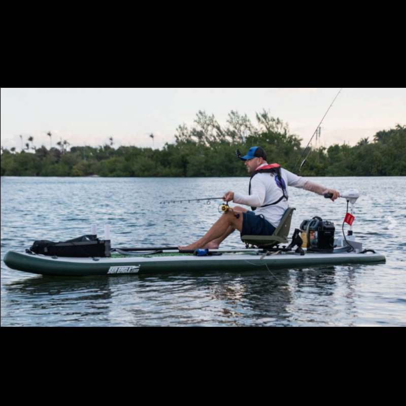 This angler has added a trolling motor to his Sea Eagle Fishing SUP with Swivel seat package